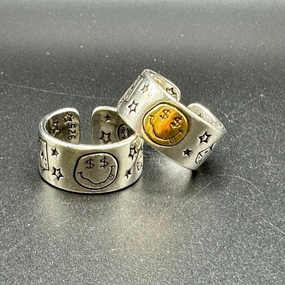 925 Sterling Smiley Happy Money Face Poker Boho Ring (Silver Face) #1380 - Picture 8 of 11